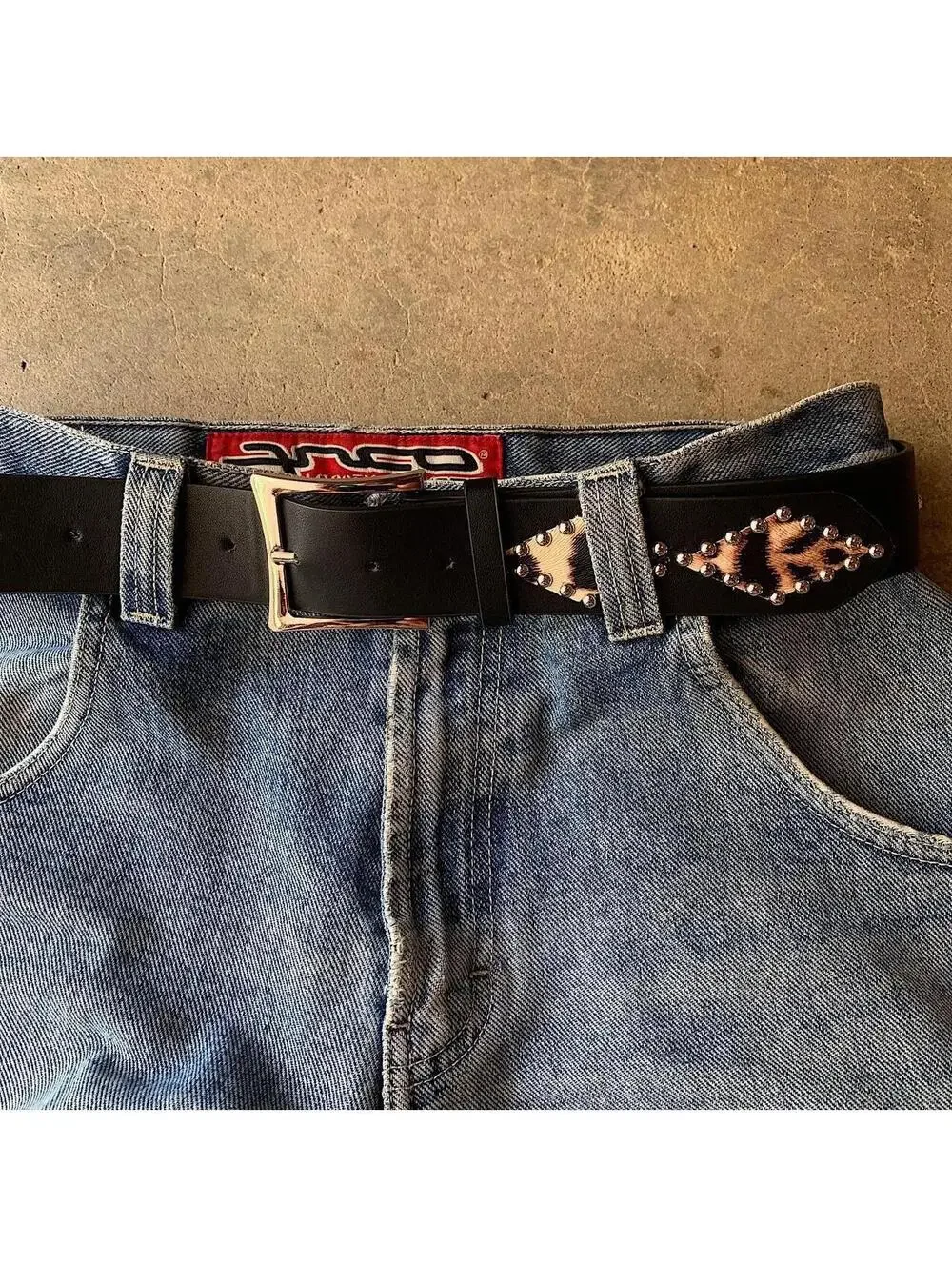 Vintage Y2K style Cheetah Print Studded Black Belt. 39 inches fits a 26-34